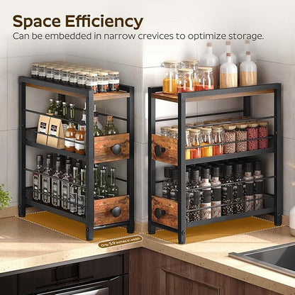 YATINEY Spice Rack, 3-Tier Pull Out Spice Rack Organizer for Countertop, Narrow Kitchen Countertop Storage Shelf with 2 Drawers, for Kitchen, Cafe, Rustic Brown and Black SR02BR