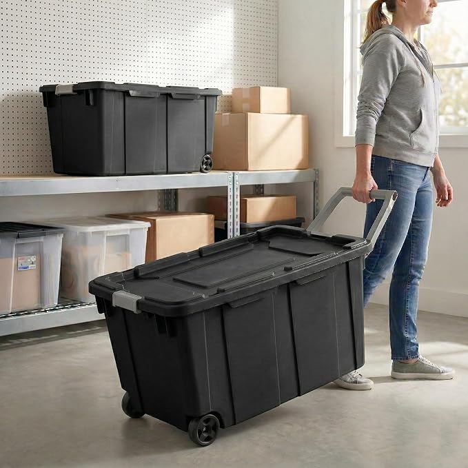 Extra Large 40 Gallon Wheeled Industrial Storage Bins, Heavy Duty Plastic Stackable Totes with Latch Lids and Pull Handle for Garage, Basement, and Moving, Dark Gray, 2 Pack