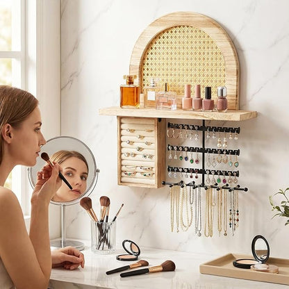 AceOrbit Hanging Jewelry Organizer Wall Mounted with Rustic Wood Rattan Shelf Wooden Ring Display Box Large Boho Jewelry Holder for Necklaces Bracelet Earrings Rings Storage