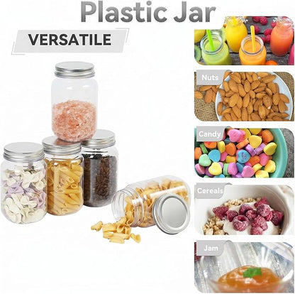 novelinks 16 oz Clear Plastic Jars with Lids, Refillable 16oz Mason Jars with Lids & Storage Containers for Kitchen & Household Use (24 Pack,Silver)