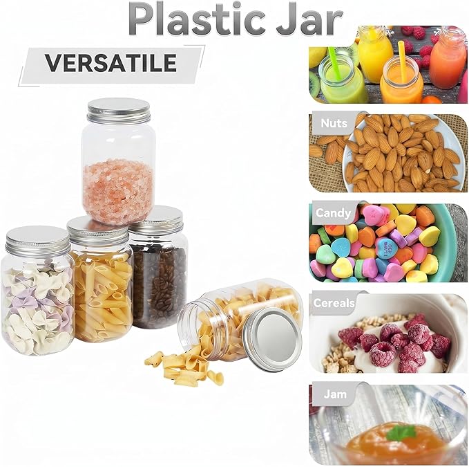 novelinks 16 oz Clear Plastic Jars with Lids, Refillable 16oz Mason Jars with Lids & Storage Containers for Kitchen & Household Use (20 Pack,Silver)