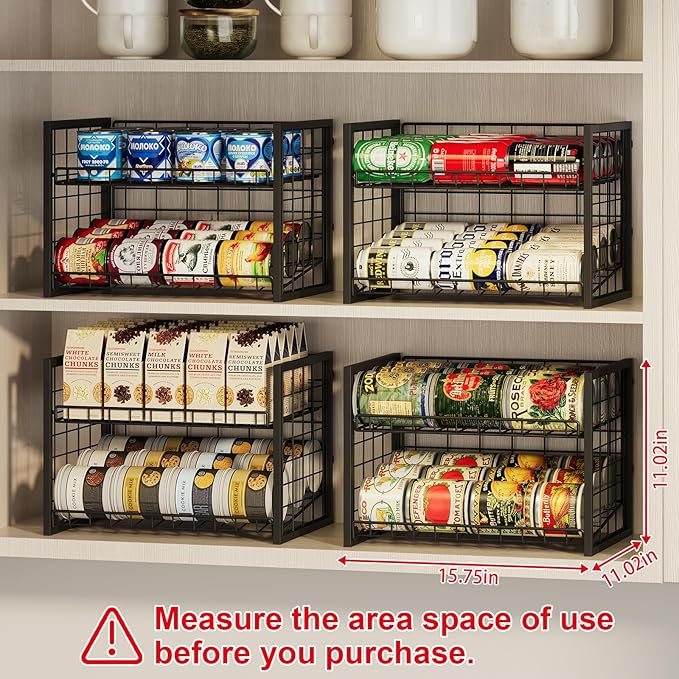 X-cosrack 2 Packs Stackable Can Rack Organizer for Pantry, 2-Tier Sturdy Adjustable Pantry Can Storage Organizer for Canned Food Can Goods, Kitchen Can Dispenser Holder for Soda Drinks Snack, Black