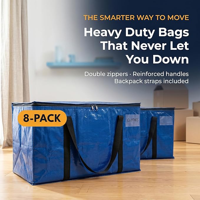 ClearSpace Heavy Duty Moving Bags - Water Resistant Storage Bags or Storage Bins with Lids and Moving Supplies - Large Moving Boxes for College Dorm, Travel, Closet Organization - 8 Pack