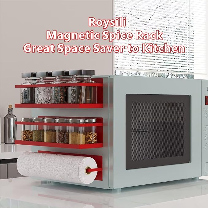 Magnetic Spice Rack For Refrigerator, Space Saving Magnetic Shelf For Fridge Red 4 Pack With Magnetic Paper Towel Holder