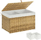 Greenstell Storage Basket with Lid, 65L Small Wicker Basket with Lid, Handwoven Blanket Storage Basket with Handles, Removable Cotton Liner, Metal Frame, Foldable for Bedroom, Laundry Room, Natural