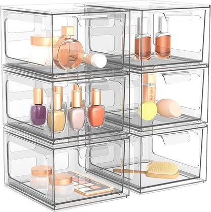 SpaceHacks 6 Pack Stackable Plastic Makeup Organizer Drawers, Acrylic Organizers, Clear Storage Bins with Pull-Out Handles for Vanity, Kitchen Cabinets, Pantry