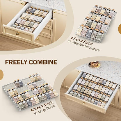 PanPanPal Spice Drawer Organizer, 8 Pack Clear Seasoning Organizer Rack, Expandable From 11" to 22" Wide Kitchen Spice Rack Organizers for Drawer, Countertop (Jars Not Included)