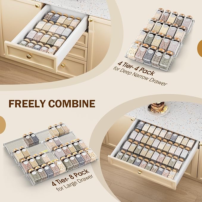 PanPanPal Spice Drawer Organizer, 4 Pack Clear Seasoning Organizer Rack, Expandable From 11" to 22" Wide Kitchen Spice Rack Organizers for Drawer, Countertop (Jars Not Included)