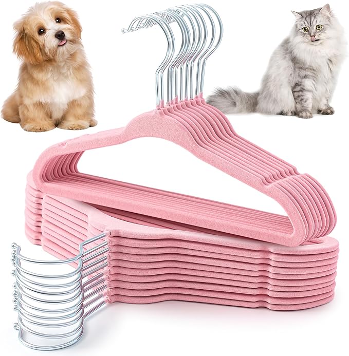 Weysat 24 Pcs Dog Clothes Hangers 11'' Non-Slip & 360° Swivel Velvet Small Pet Pink Hangers for Cats/Dogs with Rustproof Metal Hooks, Space-Saving for Home Storage & Grooming Salons Minimalism