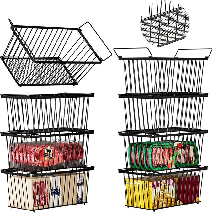 Enhanced Leak-Proof Bottom - Freezer Organizer Bins ，8 Pack Stackable Deep Freezer Organizer Bins for 7 Cu.FT Small Chest Freezer，organization and storage，pantry organizers (Black 8 Pack)