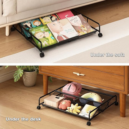 Under Bed Shoe Storage Organizer, 2 Pack Metal Mesh Under Bed Storage Containers with Wheels, Shoe Organizer Drawer Space Saving for Bedroom