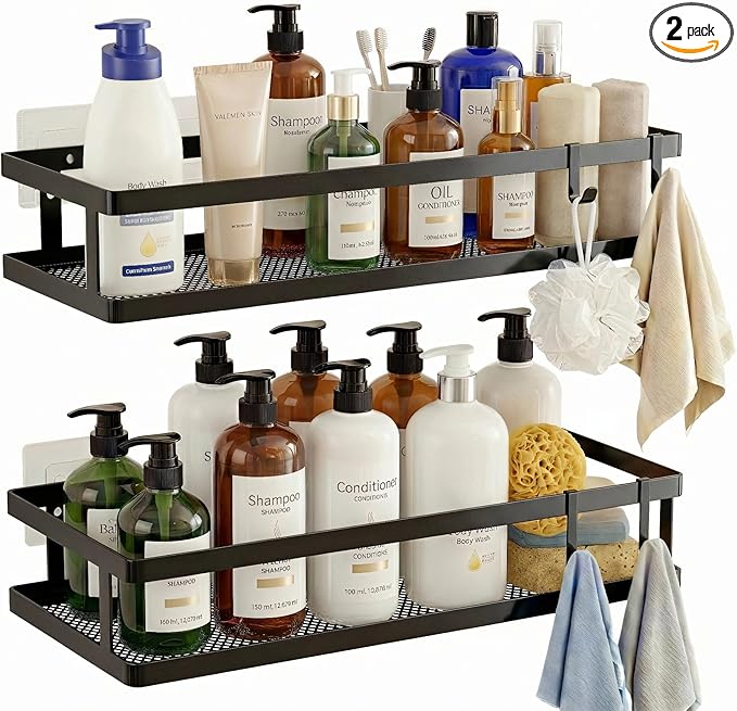 PUSDON 2-Pack Minimalist Shower Caddy Wall Mount, Open Frame Bathroom Shelf Organizer with Mesh Base, Rustproof Floating Spice Rack for Kitchen, Holds 50 LBS, 4 Hooks - Matte Black, Guardrail