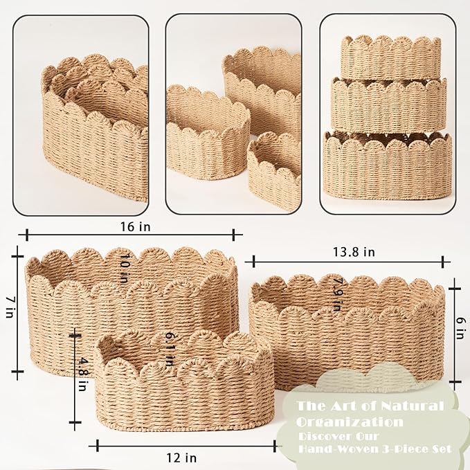 Scalloped Basket Set of 3, Wicker Storage Baskets - Hand-Woven Paper Rope Nursery Organizer for Diaper Caddy, Baby Toys & Shelves, Natural (16x10x7 Inch)