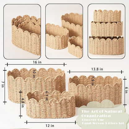 Scalloped Basket Set of 3, Wicker Storage Baskets - Hand-Woven Paper Rope Nursery Organizer for Diaper Caddy, Baby Toys & Shelves, Natural (16x10x7 Inch)