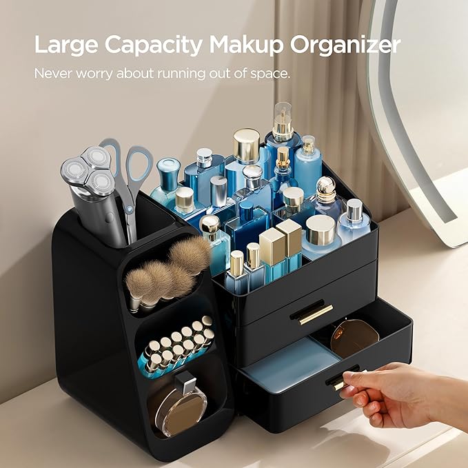 HBlife Makeup Organizer with Brush Holder for Vanity, Large Plastic Bathroom Countertop Organizer Skin Care Storage, Easy to Store Lipsticks, Nail Polishes, Perfumes, Eyeshadow Palettes, All Black