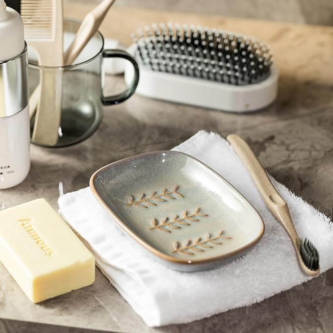 Miamolo Ceramic Soap Dish Soap Holder, Soap Lift for Bar Soap Sponge, Shower Soap Dishes for Bathroom Kitchen Counter Soap Saver Tray Keep Dry, Dishwasher Safe (Pack of 2)