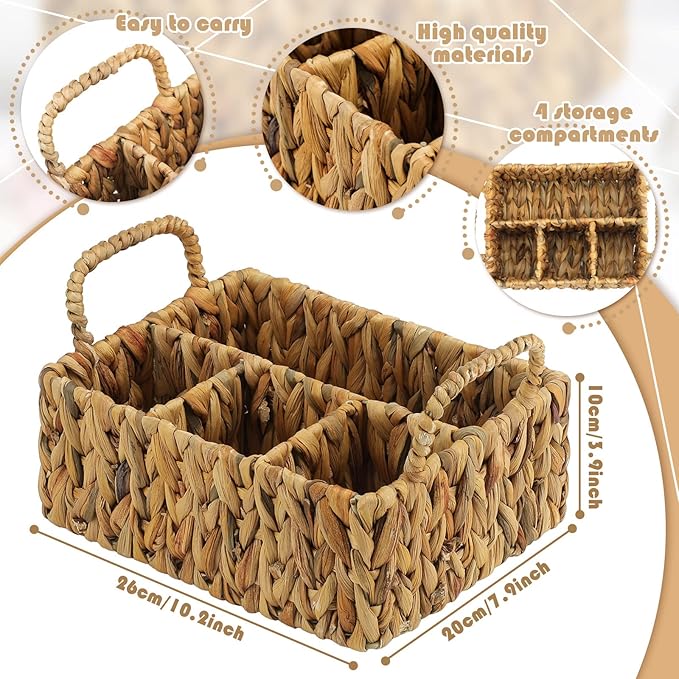 Glenmal Wicker Flatware Storage Basket Utensil Caddy Hand Woven Divided Cutlery Holder Kitchen Utensil Organizer Water Hyacinth Silverware Organizer with Handle for Countertop Party (Rectangular)