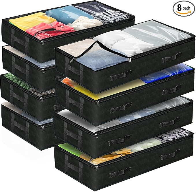Reli. 90L Under Bed Storage Containers (8 Pack) | Closet Organizer with Clear Window | Underbed Storage Bins for Towels, Sweaters, Linens | Large Organizer for Closet (Black)