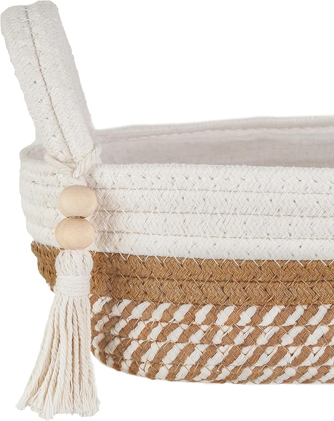 Mkono Small Storage Basket for Toilet Tank Top Boho Bathroom Decor Woven Rope Toilet Paper Tray Organizer for Shelf Bedroom Living Room, White and Brown, 13" L x 6" W
