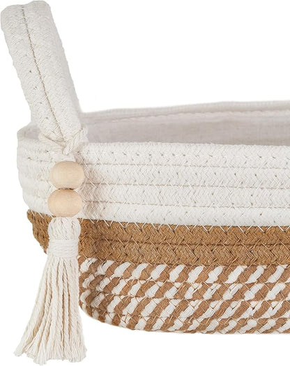Mkono Small Storage Basket for Toilet Tank Top Boho Bathroom Decor Woven Rope Toilet Paper Tray Organizer for Shelf Bedroom Living Room, White and Brown, 13" L x 6" W
