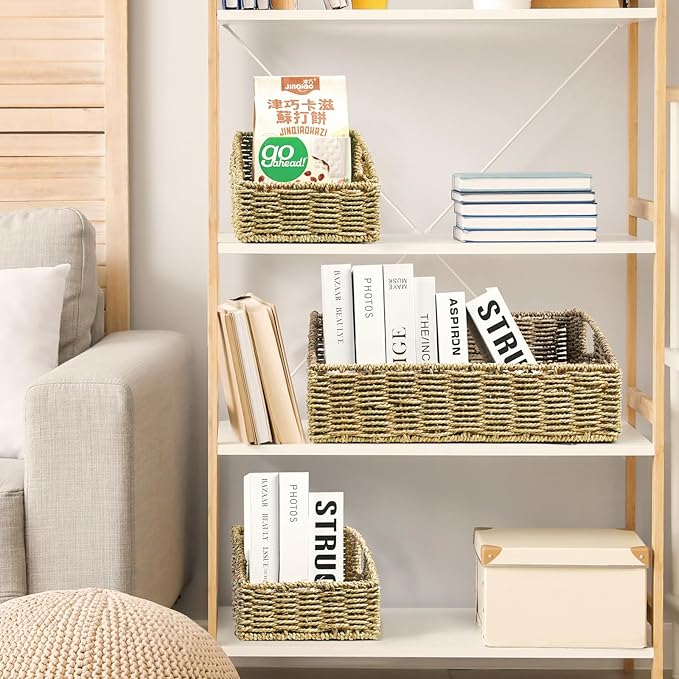 Rattan Storage Baskets, Handwoven Wicker Storage Bins with Built-in Handles, Storage Container Baskets for Shelves, Bedroom, Bathroom, Laundry Room or Kitchen(Green)
