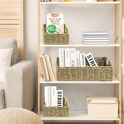 Rattan Storage Baskets, Handwoven Wicker Storage Bins with Built-in Handles, Storage Container Baskets for Shelves, Bedroom, Bathroom, Laundry Room or Kitchen(Green)