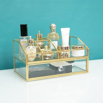 JIARI Glass Makeup Organizer with Drawer, Gold Frame Jewelry Display Box, Nordic Style Cosmetic Storage for Vanity Bathroom Bedroom Office, 9.44x5.43x4.92 Inches (Storage Box-2 Tier)