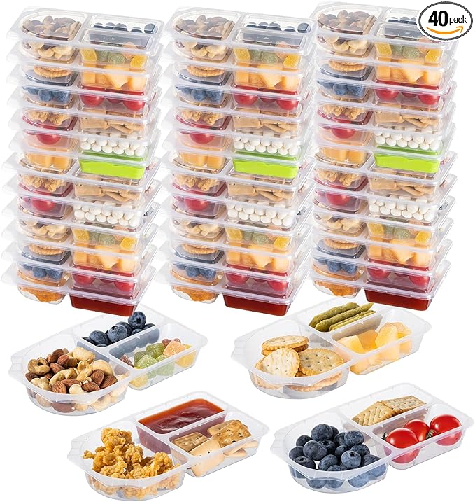 TAIHUIMY 9oz Reusable Snack Containers with Lids for Kid, New 3 Compartment Large Capacity Condiment Portion Control Meal Prep Containers for School lunch, Go out Travel, Party (40, 9, ounces)
