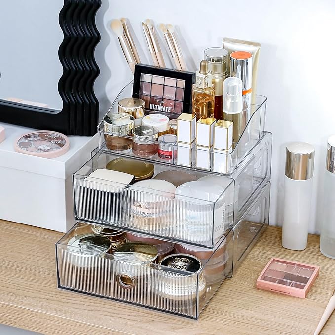3-Tiers Makeup Organizer with Drawer, Stackable Skincare Storage Box for Vanity and Bathroom, Beauty Essentials, Cosmetic Brushes, Perfume Stand, Large Lipsticks Holder