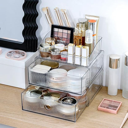 3-Tiers Makeup Organizer with Drawer, Stackable Skincare Storage Box for Vanity and Bathroom, Beauty Essentials, Cosmetic Brushes, Perfume Stand, Large Lipsticks Holder