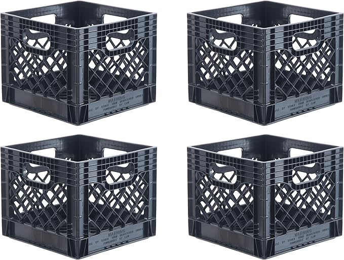 Hudson Exchange 13 x 13 x 11" (16 Quart, 4 Pack) Mesh Commercial Grade Milk Crate Handled Storage Container Tote, Black