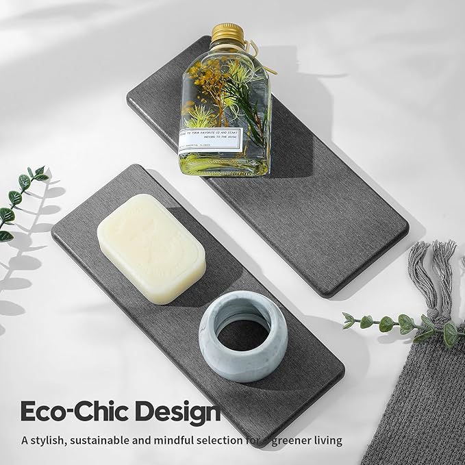 Razborci 2PCS Bathroom Trays, Water Absorbing Diatomite Stone Quick Drying Mat for Kitchen Counter, Dish Rack Soap Dispenser Sponge Holder Caddy Sink Vanity Organizer, Dark Gray Slate,9"x3.5"