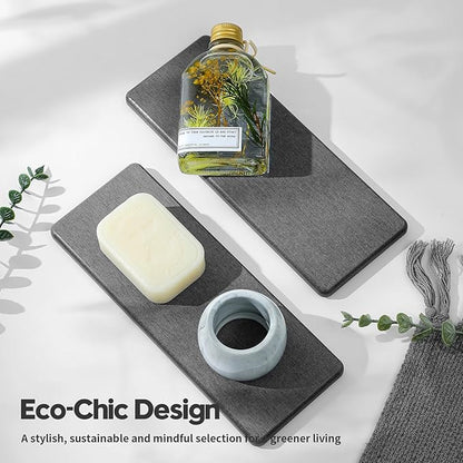 Razborci 2PCS Bathroom Trays, Water Absorbing Diatomite Stone Quick Drying Mat for Kitchen Counter, Dish Rack Soap Dispenser Sponge Holder Caddy Sink Vanity Organizer, Dark Gray Slate,9"x3.5"