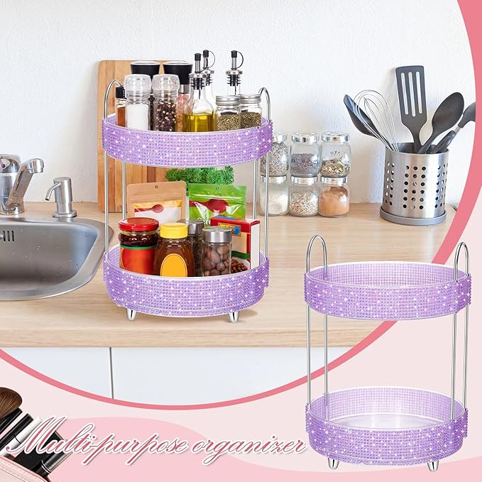 Honeydak 360 Rotating Perfume Organizer for Mother Day Nurse Day Rhinestone Bathroom Counter Organizer Makeup Holder Skincare and Perfume Storage for Cosmetic Countertop(2 Tiers,Resin Stone,Purple)