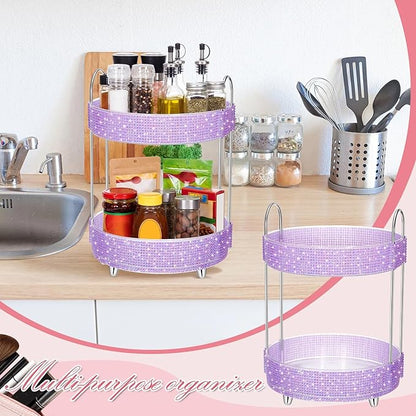 Honeydak 360 Rotating Perfume Organizer for Mother Day Nurse Day Rhinestone Bathroom Counter Organizer Makeup Holder Skincare and Perfume Storage for Cosmetic Countertop(2 Tiers,Resin Stone,Purple)