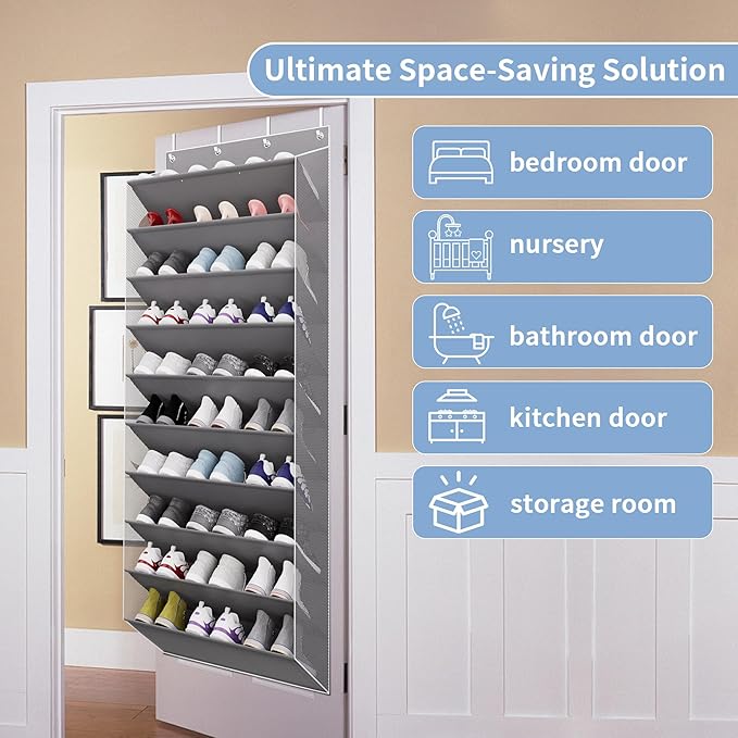 TAHAVICE 30 Pairs Over The Door Shoe Organizer, 10-Tier Hanging Shoe Rack with Deep Pocket for Closet, Extra Large Shoe Storage Holder for Sneakers, Boots, Heels(Grey)