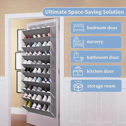 TAHAVICE 30 Pairs Over The Door Shoe Organizer, 10-Tier Hanging Shoe Rack with Deep Pocket for Closet, Extra Large Shoe Storage Holder for Sneakers, Boots, Heels(Grey)