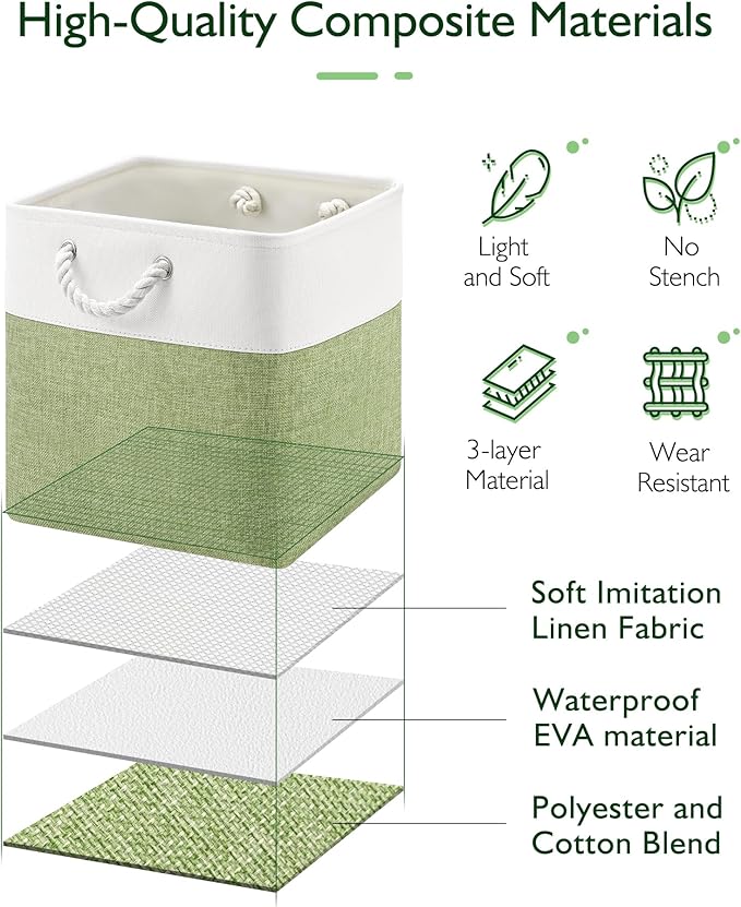 Patvingot 13x13x13 Cube Storage Bins,4 Pack Large Foldable Fabric Storage Cubes with Handles for Organizing Home, Closet, Shelf, Office(White&Green)