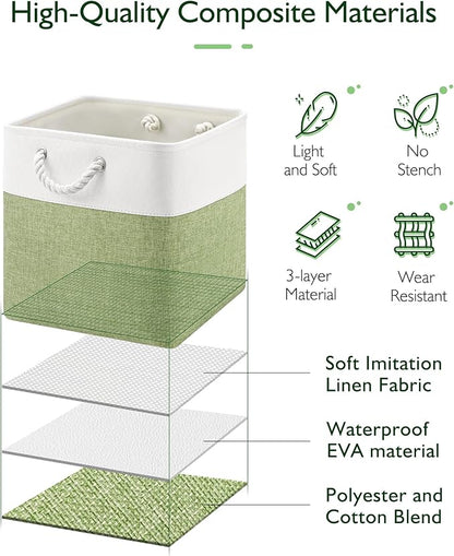 Patvingot 13x13x13 Cube Storage Bins,4 Pack Large Foldable Fabric Storage Cubes with Handles for Organizing Home, Closet, Shelf, Office(White&Green)