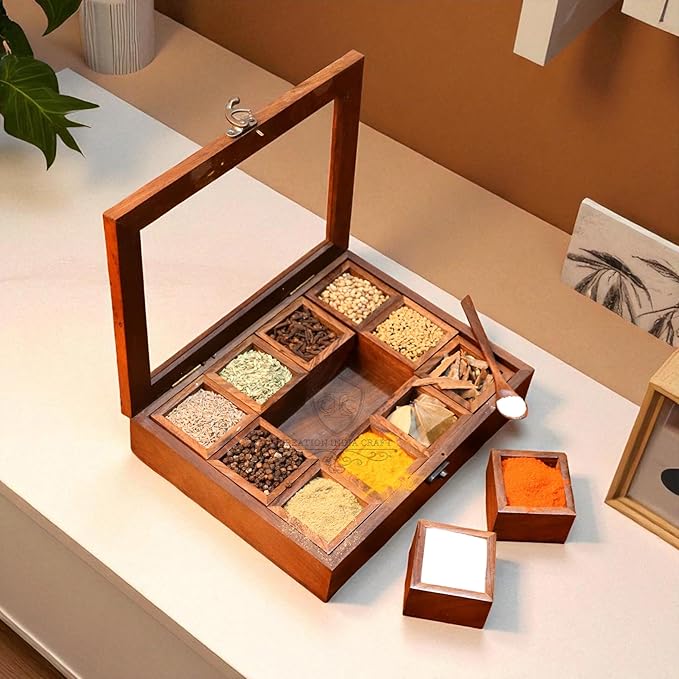 Wooden Spice Box set for Kitchen Large Containers Spice Jars & Spoon in Sheesham Wood Masala Dabba for Kitchen Masala Dani Namak Dani Dabba Multipurpose Decorative Boxes
