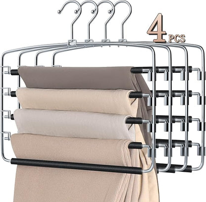 SINDAX Pants Hangers Space Saving - 4Pack, 5 Layers Space Saving Hangers, Sturdy Stainless Steel Pant Rack with Anti-Slip Swing Arm, Closet Organizers and Storage for Trousers Jeans