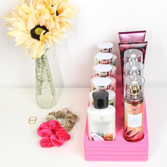 Polar Whale Lotion and Body Spray Stand Organizer Tray Pink Durable Foam Washable Waterproof Insert for Home Bathroom Bedroom Office 12 x 6 x 2 Inches 10 Slots