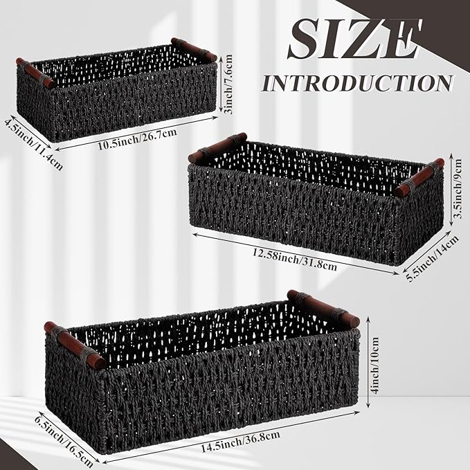 Boao 3 Pcs Boho Storage Wicker Baskets Handmade Woven Decorative Paper Rope Baskets for Organizing with Handle Countertop Toilet Paper Storage Container for Toilet Tank Top(Black,Rectangle)