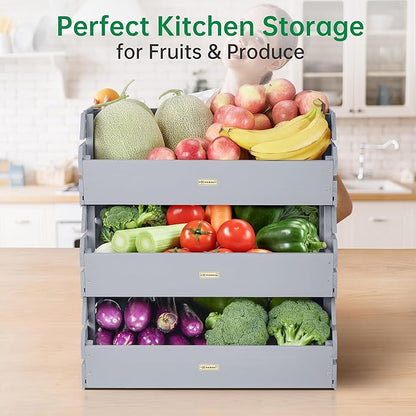 HABAU Potato Onion Storage Bin - Wood Stackable Produce Basket with Handles - Fruit and Vegetable Storage for Kitchen and Pantry Counter Organization - 3 Pack