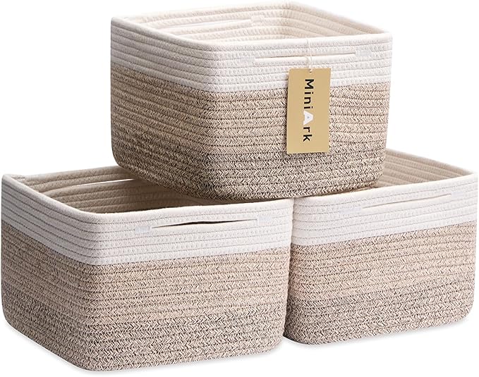 MiniArk Small Organizing Baskets for Cubes Shelf, 9.7x9.7x7.1 Inch Rope Woven Storage Bins for Nursery Shelves Storage, Cute Toy Basket, Square 3 Packs Gradient Brown