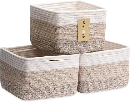 MiniArk Small Organizing Baskets for Cubes Shelf, 9.7x9.7x7.1 Inch Rope Woven Storage Bins for Nursery Shelves Storage, Cute Toy Basket, Square 3 Packs Gradient Brown