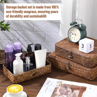 Didaey Set of 4 Seagrass Basket with Lid Wicker Storage Basket Decorative Storage Boxes with Lids Flat Storage Bins Woven Organizer Baskets for Shelf Closet Bedroom, 4 Sizes (Dark Brown)