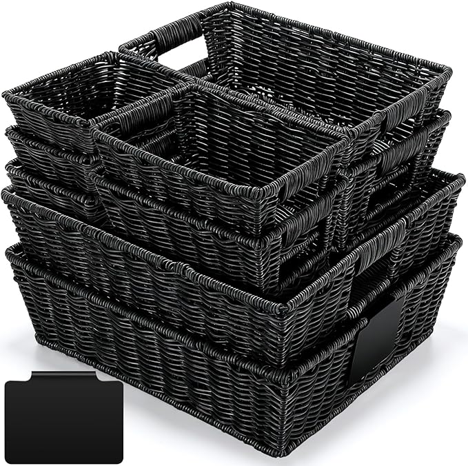 Marsui 9 Pcs Wicker Storage Baskets for Pantry Organization with Handle Labels Handwoven Multi-size Brown Small Organizer Baskets Storage Bins Container for Shelves Closet Toilet Christmas Holiday
