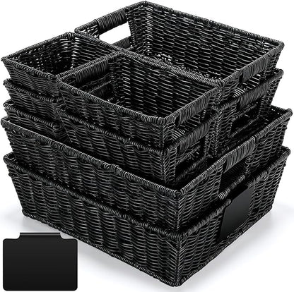 Marsui 9 Pcs Wicker Storage Baskets for Pantry Organization with Handle Labels Handwoven Multi-size Brown Small Organizer Baskets Storage Bins Container for Shelves Closet Toilet Christmas Holiday