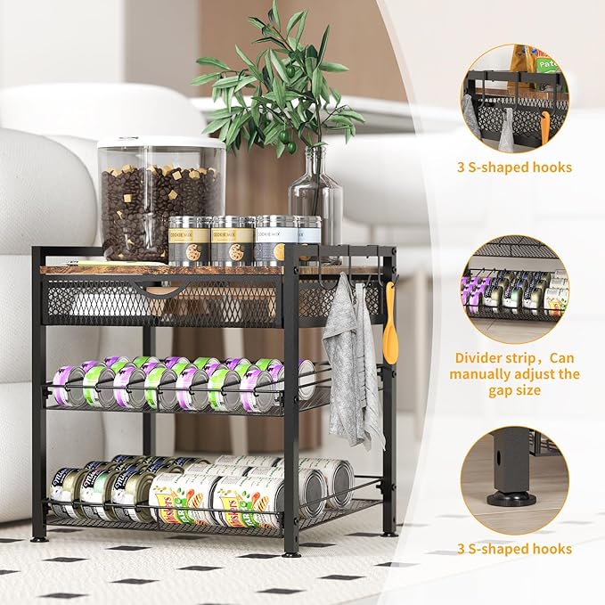 Cat Food Organizer，2 Floors Bring Drawer Storage Rack, Manually Adjust The Gap Size，Store Suitable Can Sizes Container，Automatic Slip Design，Suitable For Pet Food Canned Food Dispenser
